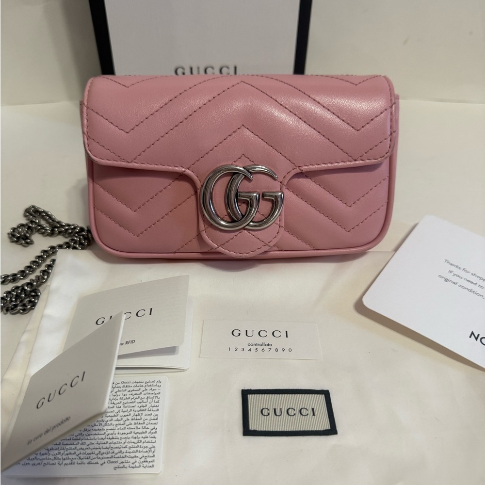 Gucci GG Marmont Super Mini Leather Crossbody In Pink/ Silver